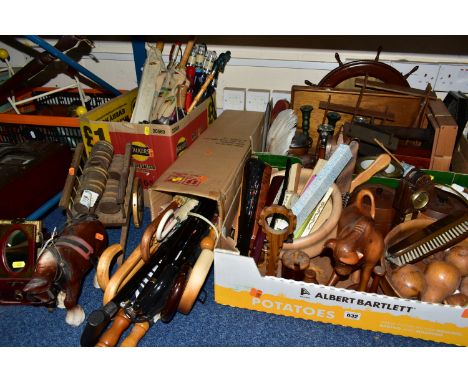 FOUR BOXES AND LOOSE TREEN, UMBRELLAS AND SUNDRY ITEMS, to include wooden biscuit barrels, fruit bowls, tray, small display s