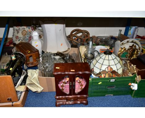 FIVE BOXES AND LOOSE GLASSWARE AND HOUSEHOLD SUNDRIES, comprising of a 'Tiffany' style table lamp, height 35cm, small wall mi