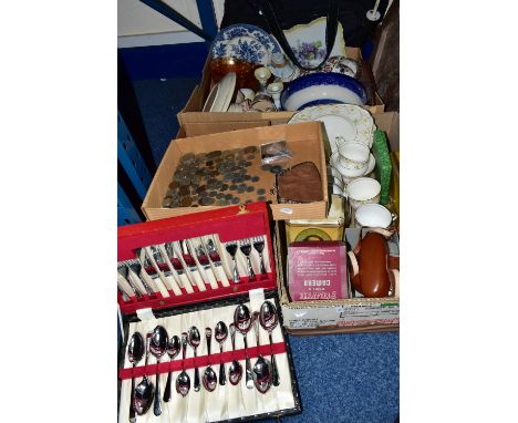 FOUR BOXES AND LOOSE CERAMICS, GLASS, COINS,  AND SUNDRY ITEMS, to include Players glass and ceramic (Bourne Denby) advertisi