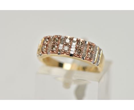 A 9CT GOLD, DIAMOND HALF ETERNITY RING, designed with five sections each set with two brown round brilliant cut diamonds, int