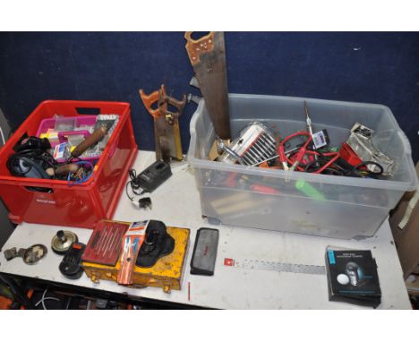 TWO TUBS OF HAND AND ELECTRICAL TOOLS to include screwdrivers, saws, booster cables, hammers, drill bits, chisels, drill, jig