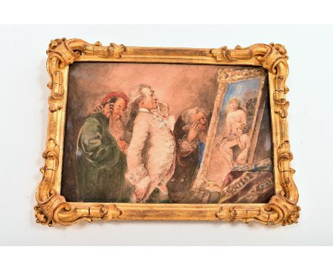 A 19th Century watercolour "The Connoisseur" subject admiring a classical or old master painting in carved giltwood frame, un