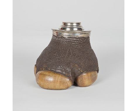 Taxidermy, A fine silver mounted elephants foot formed as a inkwell. The foot with circular silver inkwell and interior glass