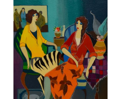Itzchak Tarkay (1935-2012, Israeli), serigraph, 'Parlour Time', a vibrantly coloured illustrating depicting a woman wearing a
