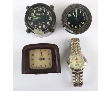 Clocks and Watch: Chinese army watch ,two USSR/Russian clocks and British clock, all AF condition. 4 items 