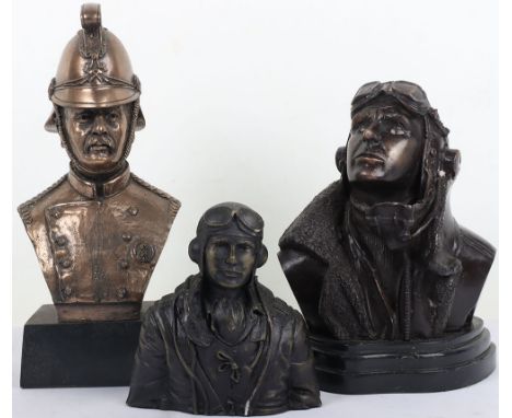 RAF and Fireman Busts: Modern busts of two RAF pilots in flying uniform one plaster other metal and gilt plaster vintage fire