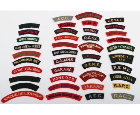 Selection of Cloth Shoulder Titles, including theatre made embroidered Green Howards, green on red Pioneer Corps, yellow on g