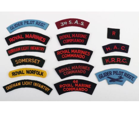 Selection of British Cloth Shoulder Titles, including 16th Battalion Durham Light Infantry red lettering on green shoulder ti