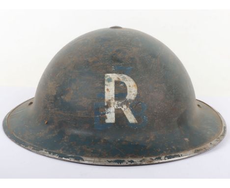 WW2 Homefront Rescue Helmet: Blue painted steel helmet with R to front complete with liner and chinstrap. 