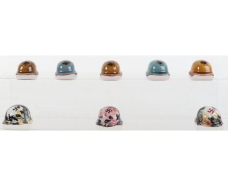 5x Terracotta Miniature German Helmets, with three ceramic, (8), Not Old. 