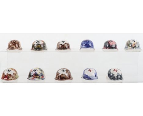 10x Miniature Ceramic German Helmets, each painted, 5cm, (10 items), Not Old. 