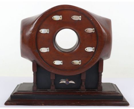 RAF Propeller Hub Display: Front part of propeller hub with mother of pearl barrage balloon plaques, standing on wood base wi