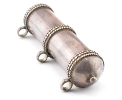 An Islamic white metal prayer scroll holder talisman. The amulet case of cylindrical form with domed ends and three rows with