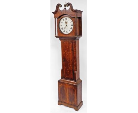 A Georgian oak longcase clock, the later painted circular dial named for Johnson of Chesterfield, bearing Roman and Arabic nu