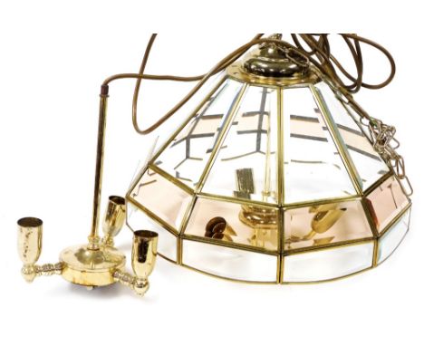 A brass and cut glass decagonal hanging wall light, each brass section inset with bevelled glass, 38cm wide.