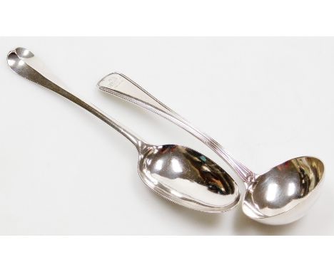 A Georgian silver rat-tail pattern serving spoon, hallmarks rubbed, 1.93oz, and a George III silver cream ladle, engraved cre
