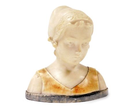 An early 20thC Flemish alabaster bust of a young girl, modelled on an oval base, numbered to base 2059.6.51, and circular bra