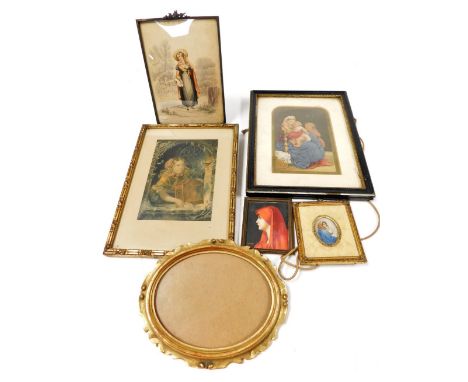 A group of pictures and prints, to include a portrait miniature of a mother and child, signed Gabry, 3cm x 4.25cm, in a simul