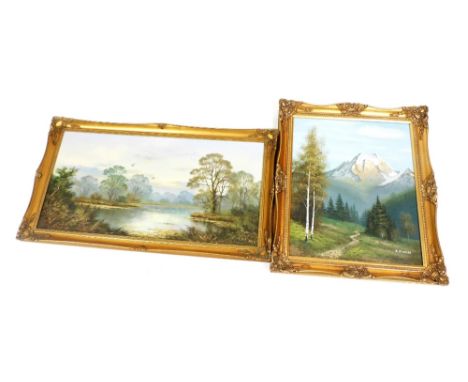 K. Bowman (20thC School). Woodland scene with mountainous landscape to background, oil on canvas, signed, 61cm x 51cm, and V.
