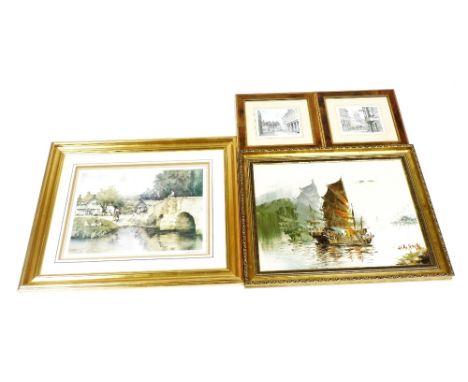 After Sturgeon. Eyneford, print, signed, 34cm x 46cm, H. Wong, Oriental scene depicting fishing boats, oil on canvas, signed,