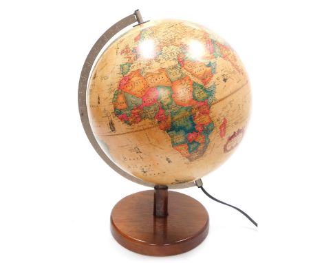 A late 20thC Danish terrestrial globe, cartography by Karl F. Harig, print by E. Giesking, on an oak base, 42cm high.