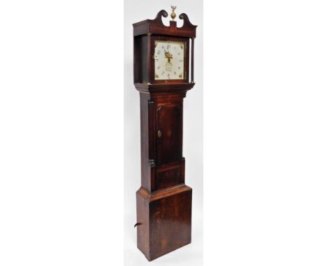 A Georgian oak and mahogany cased clock, by J N Veron Hinkley, with an enamel dial bearing Arabic numerals, subsidiary second