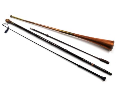 A wooden horse measuring stick, in a bamboo sheath, 95cm wide, two riding crops, and a copper and brass post horn, 8.5cm wide