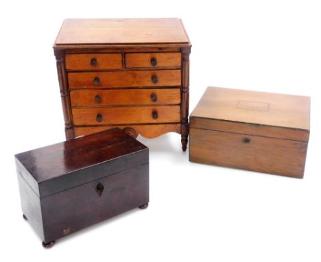 A Victorian mahogany apprentice chest, the top with a moulded cornice above two short and three long drawers, with a shaped a