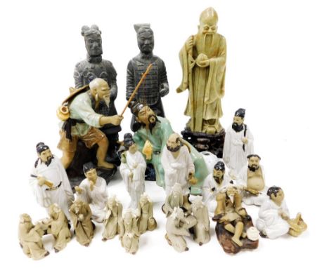 A Chinese soapstone carving of Shou-Lau, 28cm high, and a collection of Chinese ceramic figures, (some AF, 1 tray)