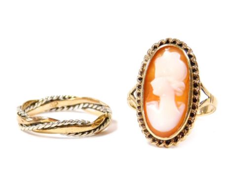 An oval cameo ring, bust portrait of a lady, in a yellow metal setting, size L, 2.9g, together with a 9ct gold two colour twi