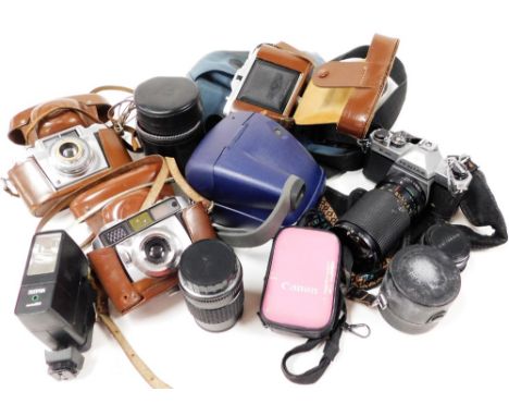 A group of camera and other related equipment, to include a Balda camera, in leather case, Agfa camera in leather case, a Pen