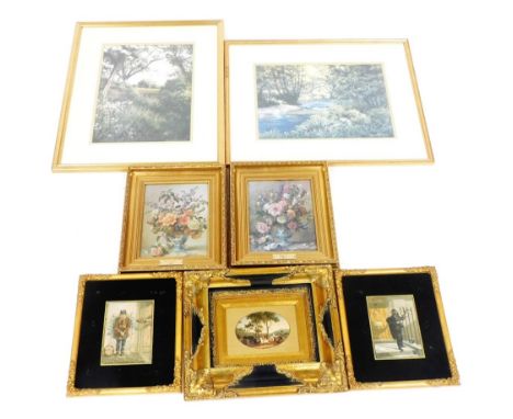 Various pictures, prints, etc., to include after Pauline Harries woodland lake scene, print, 28cm x 36cm, after George Baxter