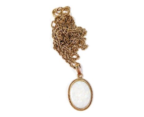 A 9ct gold and opal oval pendant, on a fancy link neck chain with bolt ring clasp, 3.7g.