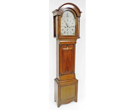 A late Georgian mahogany longcase clock, by John McNiesh of Culross, the break arch dial painted with a lady holding an ancho