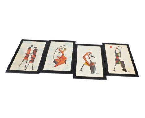 M. Nsubuga (African School). Four abstract studies of tribal figures, comprising a pair of warriors, woman with cooking pots,