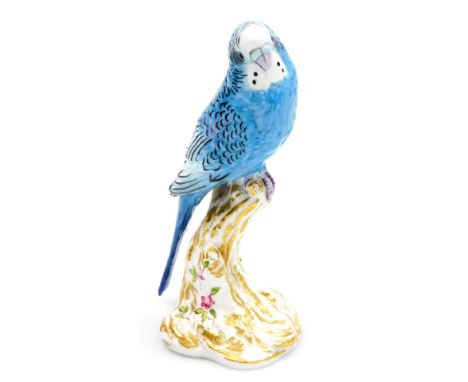 A Royal Worcester porcelain figure modelled as a blue Budgerigar, on a gilt heightened porcelain rock work base, number 2263,