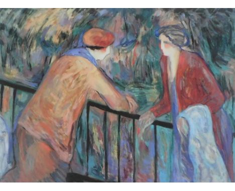 After Barbara A Wood. Study of a male and female leaning on metal railings, signed limited edition print number 131/915, 63cm