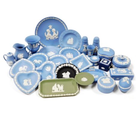 A group of Wedgwood jasperware ornaments and table wares, in light blue, green and black, including pots and covers, salt and