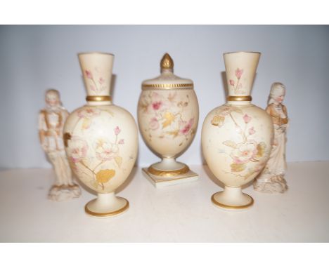 Early 20th century lidded jar with matching vases together with 3 Edwardian German figures 