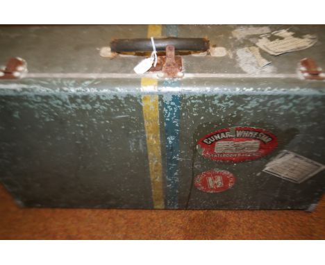 Vintage metal travel trunk with labels cunard white star, State room baggage