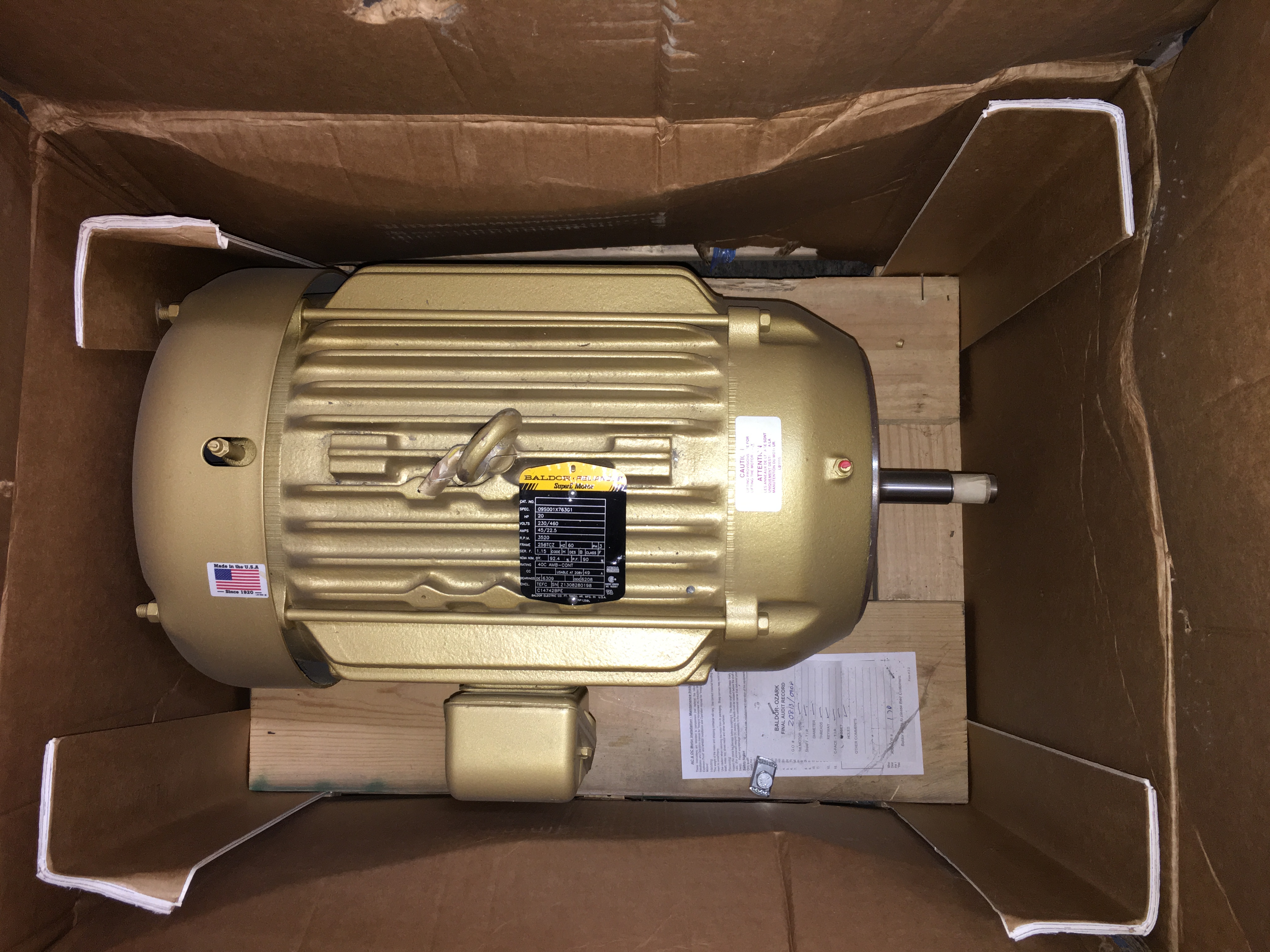 Baldor 20 HP Electric Motor, Model C14742BPE, 230/460 Volts 3 Phase 60