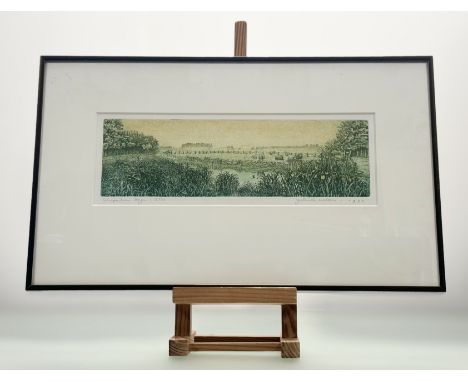Yolanda Eveleens (Dutch), Schapenlaan Bergen, coloured etching 3/50, signed and titled in pencil, framed. (plate 10cmx33cm)