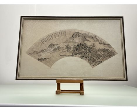 A late 19thc /early 20thc pair of framed mounted pictorial curved paper fans (35cmx58cm), without sticks, together with a Jap