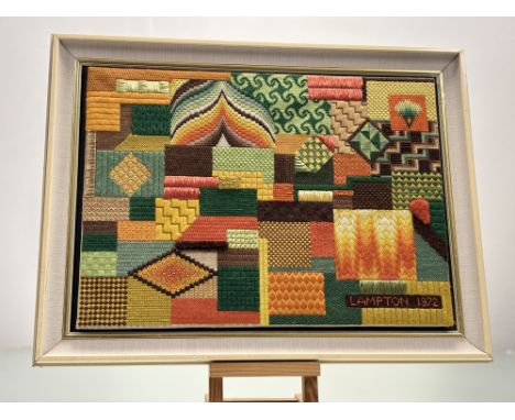Lampton, Abstract block/ shapes textile panel, mixed threads, stitched signature and dated 1972, framed. (37.5cmx51cm)