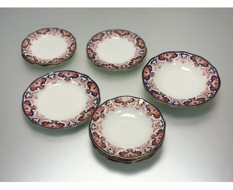 A collection of Royal Crown Derby bloor imari pattern plates comprising, a dinner plate (w-26cm), two plates (w-22.5cm), thre