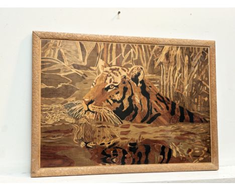A paquertry panel by Jack Ross, inspired by The Swimming Tiger by William Blake, with paper label verso, signed and dated 197