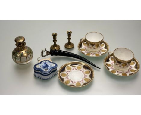 A collection of various wares comprising, a Minton gilt and floral garland pattern of two teacups and three saucers, a pair o