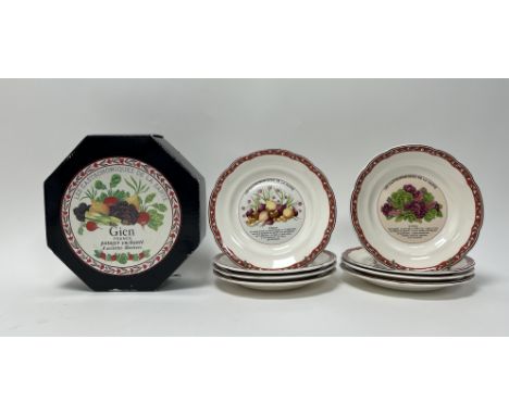 A box of eight Gien Les Castronomiques de la Sante' plates, decorated with onions, corn, tomatoes etc (d. 19.5cm) (mark print
