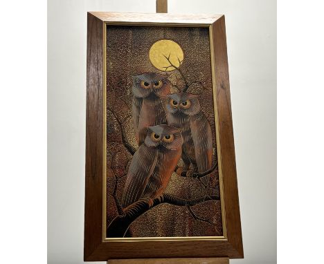 Tanee, a retro 60's/70's Style decorative wooden art panel of perched owls with the moon, carved signature, framed. (59.5cmx2