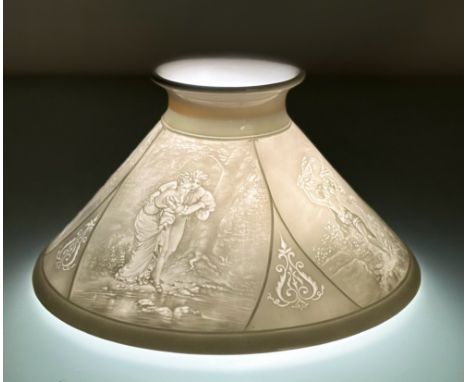 A Lithophane porcelain lamp shade with victorian panel scenes. (h-17cm)